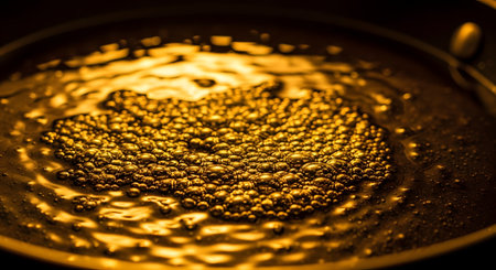 A close-up macro shot of hot,golden cooking oil bubbling vigorously in a dark frying pan. The shimmering bubbles create an abstract texture representing cooking,frying,or heat.の素材