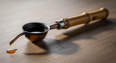 A vintage-style spoon or ladle,possibly for melting sealing wax,is shown dripping a thick,golden liquid onto a wooden surface. The tool has a small copper bowl and an ornate wooden handle,evoking traditional letter-writing or crafts.の素材