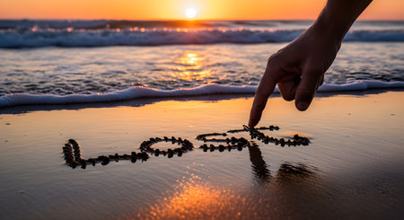 A person's hand is writing the word 'Lost' in the wet sand at the edge of the ocean. The sun is setting over the water in the background, casting a warm, golden glow and creating a melancholic or contemplative mood.の素材