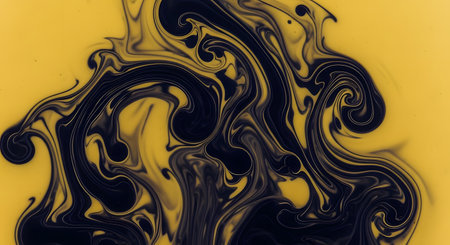 An abstract, high-contrast background of black ink swirling dramatically through a viscous yellow liquid. The fluid motion creates intricate, smoky, and marbled patterns, forming a dynamic and moody composition.の素材