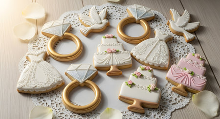 A collection of elegantly decorated wedding-themed sugar cookies arranged on a white paper lace doyley. The cookies are in the shapes of wedding dresses, diamond rings, wedding cakes, and doves, frosted in white, pink, and gold.の素材