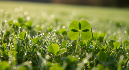 A single, perfect four-leaf clover stands out in a vibrant green field of grass and clovers, backlit by the morning sun. Sparkling dewdrops are visible on the blades of grass, symbolizing good luck, fortune, and finding something unique.の素材