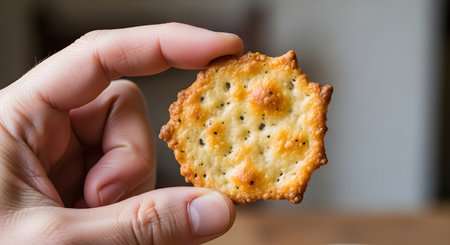 A close-up shot of a hand holding a single, round, golden-brown cracker between the thumb and forefinger. The savory cracker has a textured, bubbly surface with dark specks, possibly pepper or seeds.の素材