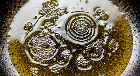 An extreme close-up, top-down view of hot oil bubbling and sizzling in a dark, seasoned frying pan. The abstract patterns of the bubbles create a dynamic and textured image related to cooking, frying, and heat.の素材