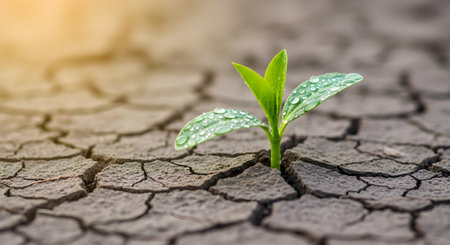 A small, green seedling with water droplets on its leaves sprouts from dry, cracked earth. The image symbolizes hope, new life, resilience, growth, and perseverance in the face of adversity or drought.の素材