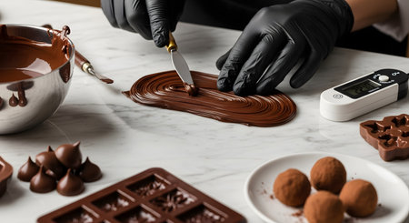 A professional chocolatier wearing black gloves uses a palette knife to temper melted chocolate on a cool marble countertop. Surrounding the workspace are finished chocolate truffles, molds, and a digital scale, showcasing the art of gourmet confectionery.の素材