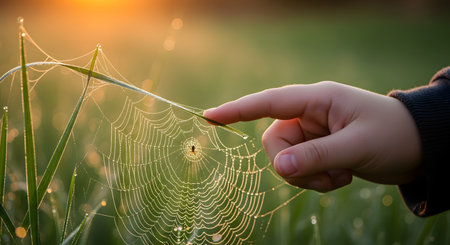 A close-up of a child's finger gently touching a delicate spider web covered in morning dew drops, with a small spider in the center. The scene is backlit by the warm, golden light of sunrise, evoking curiosity, nature, and fragility.の素材