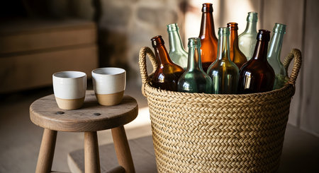 A rustic and warm still life scene featuring a woven wicker basket filled with empty glass bottles of various colors. Next to it, two handmade ceramic cups sit on a small wooden stool, creating a cozy, farmhouse aesthetic.の素材