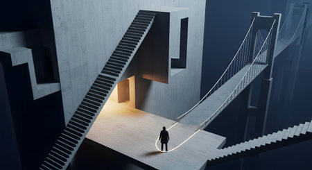 A lone man in a suit stands in a vast, surreal, abstract concrete structure filled with impossible staircases and a long bridge leading into mist. A single light source illuminates his path, creating a concept of choice, journey, or navigating complexity.の素材