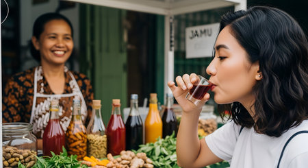 A young Southeast Asian woman drinks a shot of traditional herbal medicine, known as jamu, from a small glass. In the background, a smiling female vendor stands behind her street cart, which is lined with bottles of colorful jamu and fresh ingredients like turmeric and ginger. This scene captures a moment of traditional Indonesian culture and wellness.の素材