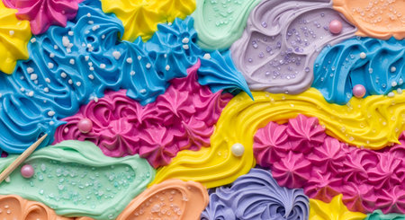 A vibrant and textured abstract background made of colorful frosting or buttercream piped in various shapes and swirls. The sweet, multi-colored icing in shades of blue, pink, yellow, and purple is decorated with sprinkles, creating a fun and celebratory confectionery pattern.の素材