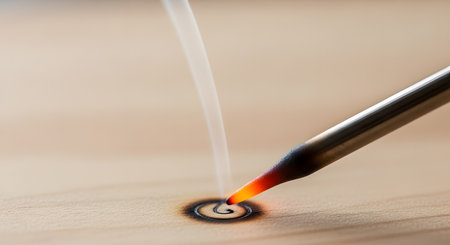 A macro close-up shot of a hot pyrography pen with a glowing orange tip burning a small swirl design into a piece of light-colored wood. A thin wisp of white smoke rises from the point of contact, illustrating the craft of wood-burning.の素材