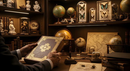 A scholar or collector sits at a desk in a vintage study, holding a large, ornate leather-bound book. The room is filled with historical artifacts like globes, maps, and framed butterflies, creating an atmosphere of knowledge and history.の素材