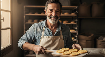 A handsome, senior baker with a grey beard and a warm smile proudly presents a wooden paddle with freshly baked cookies. He is standing in his rustic bakery, wearing an apron, embodying the spirit of artisanal craft and small business ownership.の素材