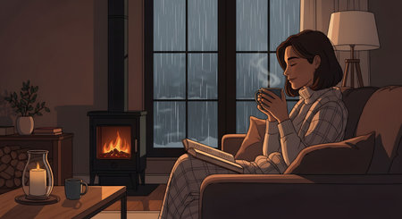 An illustration shows a woman in cozy pajamas relaxing on a sofa, reading a book and holding a steaming mug. A fireplace burns warmly beside her, and rain streams down the window, creating a perfect 'hygge' or cozy atmosphere.の素材