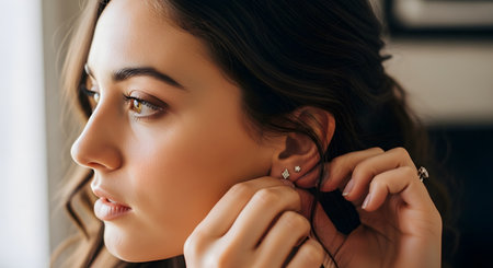 A close-up profile shot of a beautiful young woman putting on a small, sparkling diamond earring. Her brown hair is styled, and she is getting ready for an event, possibly her wedding. The focus is on her face, hand, and the delicate jewelry.の素材