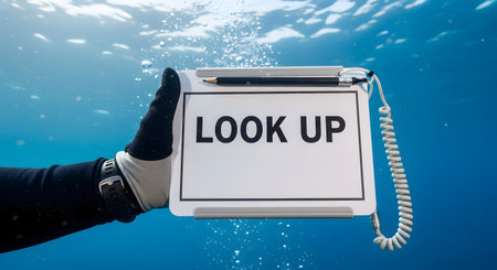 A scuba diver's gloved hand holds up a white underwater writing slate with the message 'LOOK UP' printed in bold letters. The scene is set in clear blue water with sunlight filtering from above, representing communication, instruction, and awareness.の素材