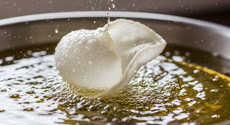 A close-up action shot of a white prawn cracker (krupuk) expanding as it is deep-fried in hot, bubbling oil in a metal wok. A droplet of oil splashes upwards, capturing the dynamic process of cooking this popular Indonesian snack.の素材