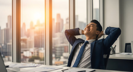 A successful Asian businessman in a suit leans back in his office chair, hands behind his head, smiling with his eyes closed. He is relaxing at his desk in a modern high-rise office with a large window showing a city skyline at sunset.の素材
