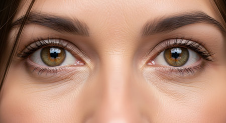An extreme close-up macro shot of a woman's eyes, revealing detailed hazel irises with green, brown, and gold specks. Her eyes are looking directly at the camera, and her eyebrows are perfectly groomed, with fine lines visible on the skin beneath the eyes.の素材