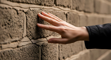 A close-up shot of a person's hand gently touching the rough, textured surface of a brown brick or stone wall. The focus on the hand and the wall's texture evokes a sense of connection, feeling, and sensory experience.の素材