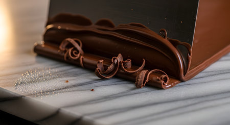 A close-up of a pastry chef or chocolatier using a metal scraper to temper melted dark chocolate on a cool marble slab. The process creates beautiful, delicate chocolate curls, showcasing gourmet confectionery skills.の素材