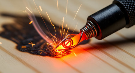 A macro close-up shows the glowing hot tip of a pyrography pen or wood-burning tool as it burns a design into a piece of wood. Bright orange sparks fly as the tool creates a dark, charred line on the wooden surface.の素材
