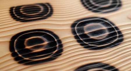 A macro close-up of a light wood plank with a prominent grain, featuring dark, charred circular patterns. This technique, resembling Japanese shou sugi ban, creates a unique, textured, and abstract background with a focus on natural materials and modern woodworking.の素材