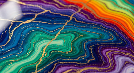 A vibrant, abstract macro shot of a colorful pattern resembling an agate slice or liquid art. Wavy layers of rainbow colors, including blue, green, yellow, orange, and purple, are intersected by sparkling gold lines, evoking a kintsugi or geode-like texture. This image represents luxury, creativity, and fluid art.の素材