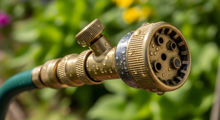 A macro close-up of a brass garden hose nozzle covered in fresh water droplets. The multi-pattern spray head is in sharp focus, set against a softly blurred background of green and yellow garden foliage.の素材