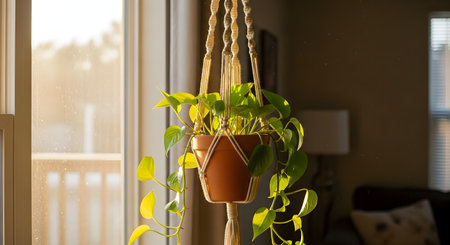 A green pothos plant in a terracotta pot hangs in a cream-colored macrame plant hanger, backlit by the warm, golden light of a setting or rising sun streaming through a window. Dust motes are visible in the sunbeams, creating a cozy, peaceful, and domestic 'hygge' atmosphere.の素材