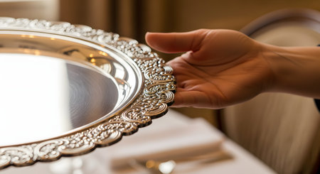 A close-up of a waiter's or butler's hand holding a shiny, empty silver serving tray with an ornate, decorative edge. The background is blurred but suggests a formal dining room or luxury hotel setting, conveying concepts of service, elegance, and hospitality.の素材