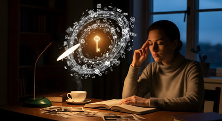 A woman sits at a desk in a dark room, reading a book under a lamp, with her eyes closed in concentration. A glowing, futuristic hologram of a key surrounded by digital icons floats above the book, symbolizing finding a solution or unlocking knowledge.の素材
