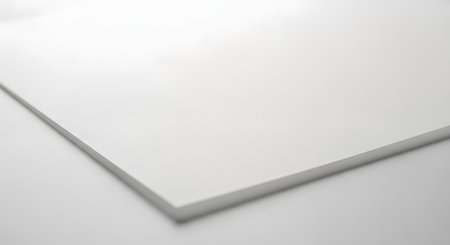 A clean, minimalist close-up of the corner of a thick, white foam board or textured paper, resting on a white surface. The image highlights the material's texture, clean lines, and simplicity, perfect for a background.の素材