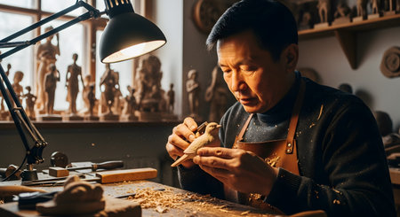 A focused Asian man in a leather apron carves a small wooden bird at his workbench. His workshop is filled with tools and other wooden sculptures, and a desk lamp illuminates his detailed work.の素材