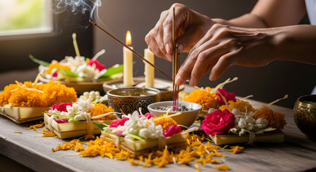 A close-up shot of hands arranging smoking incense sticks in a bowl as part of a traditional offering. The wooden table is covered with beautiful flower arrangements, including marigolds, roses, and jasmine, along with lit candles and offerings in banana leaf containers. This scene depicts a spiritual ritual, possibly Balinese or Thai.の素材