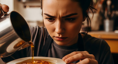A close-up, intense shot of a focused barista or chef with a furrowed brow, carefully pouring a golden-brown liquid, like syrup or sauce, from a metal pitcher onto a dish. The shallow depth of field emphasizes her concentration and the precise action.の素材