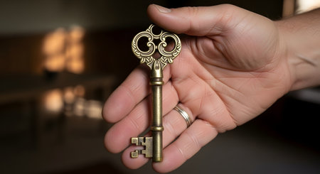 A close-up of a man's hand holding an ornate, vintage brass skeleton key. The key is held upright, symbolizing concepts like finding a solution, unlocking potential, security, or discovering a secret.の素材