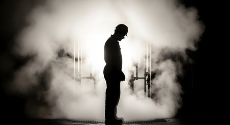 A silhouette of a worker wearing a hard hat and boots, standing in a dark, industrial setting. The worker is surrounded by thick white smoke or steam, which is backlit by a bright, rectangular light source.の素材