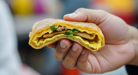 A close-up shot of a hand holding a folded piece of martabak telur, a savory Indonesian folded pancake. The cross-section shows layers of egg, minced meat, and green onions, with a blurred background suggesting a street food setting.の素材