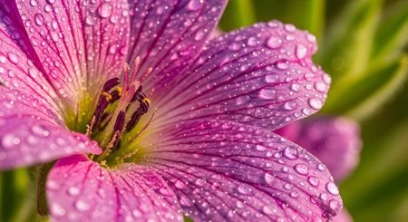An extreme macro photograph of a vibrant pink and purple flower, possibly a geranium, covered in sparkling morning dew drops. The intricate details of the petals, stamen, and the tiny water droplets are in sharp focus against a soft green background.の素材