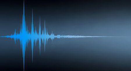 A vibrant blue digital audio waveform displayed on a dark gradient background. The sound wave shows peaks and troughs, representing sound, music, voice recording, or audio editing.の素材
