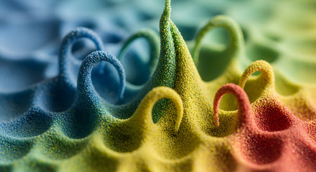 A macro, abstract photograph of colorful granulated particles, like kinetic sand, forming dynamic peaks and waves. The colors blend in a gradient from blue and green to yellow and red. The shallow depth of field creates a soft, textured, and vibrant background.の素材