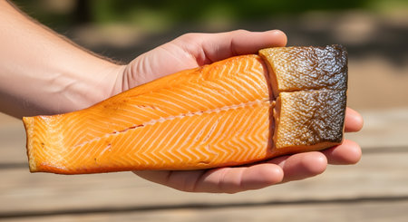 A person's hand holding a large, freshly smoked salmon fillet. The fillet shows the vibrant orange flesh, clear fat lines, and dark, crispy skin, held against a blurred outdoor background.の素材