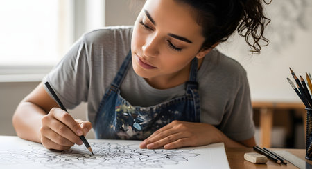 A focused young woman, wearing a paint-stained denim apron, concentrates on drawing an intricate mandala pattern on white paper with a pencil. This close-up shot captures her creative process in an art studio or at home. The image represents mindfulness, creativity, and artistic hobbies.の素材