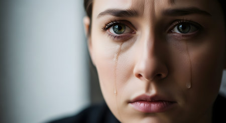 An extreme close-up of a young woman's face, showing her looking directly at the camera with sad, green eyes. Tears are streaming down both cheeks, conveying a strong sense of sadness, grief, or despair.の素材