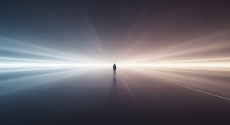 A lone silhouette of a person stands in the center of an abstract, minimalist void, facing a bright, converging light. The scene is split between cool blue light on the left and warm orange light on the right, creating a sense of journey, decision, or the future.の素材