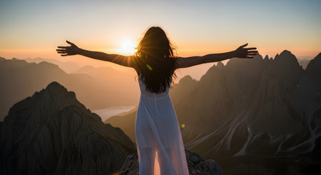 A woman with long hair, seen from behind, stands on a rocky mountaintop in a white dress with her arms outstretched. She faces a spectacular sunrise or sunset over a vast range of sharp, dramatic mountains.の素材