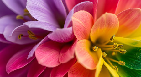 An extreme macro photograph of a flower, possibly a dahlia or chrysanthemum, with its petals dyed in a vibrant rainbow gradient. The colors transition smoothly from purple and pink to yellow and green, highlighting the intricate texture of the petals and stamen.の素材