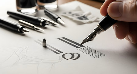 A close-up of a designer or calligrapher's hand using a fountain pen to create a detailed graphic design. The artist is practicing stippling and line work on high-quality paper, with other pens and nibs nearby.の素材